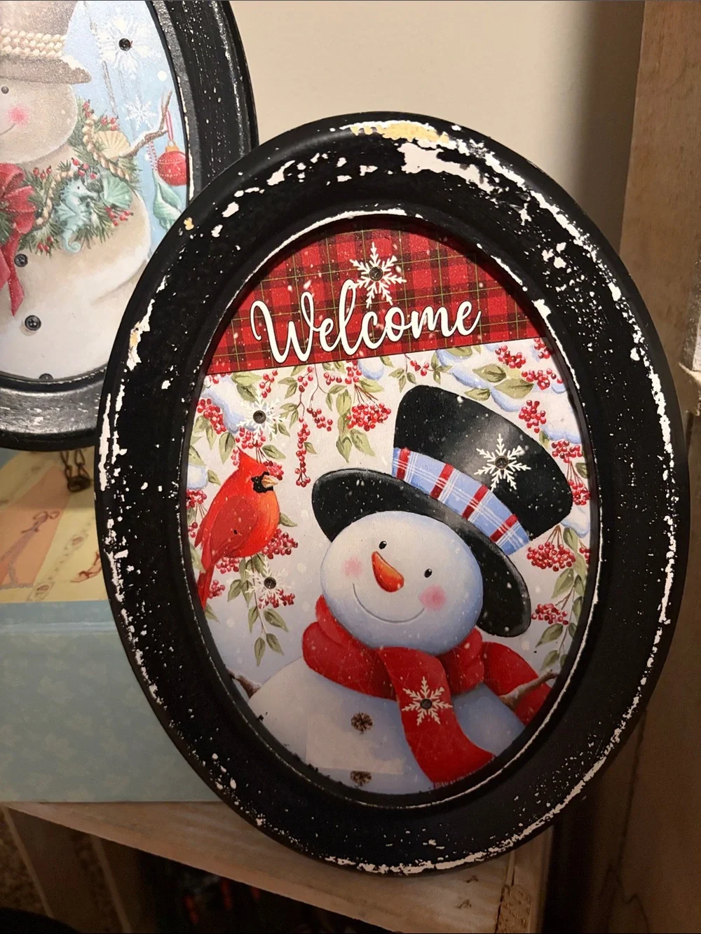 Set of 4 Holiday Snowman Wall Light Up Art Set - Black Frame